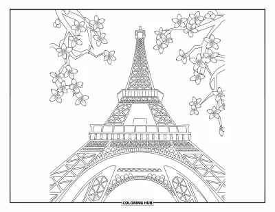 Coloriage de Paris pour enfants : La tour Eiffel s'élève parmi des cerisiers en fleurs dans une vue en perspective aux traits marqués