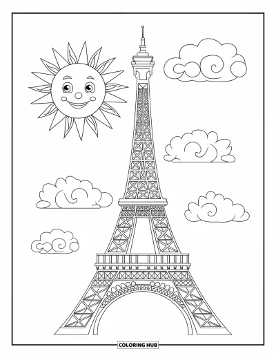 Coloriage de Paris pour enfants : La tour Eiffel scintille sous un soleil rieur et des nuages blancs et moelleux