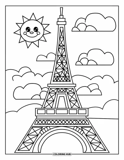 Coloriage de Paris pour enfants : La tour Eiffel se dresse fièrement sous un soleil souriant et des nuages duveteux
