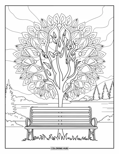 Desenho de parque para colorir para adultos: Um banco sob uma árvore é rodeado por mandalas de folhas e uma paisagem tranquila