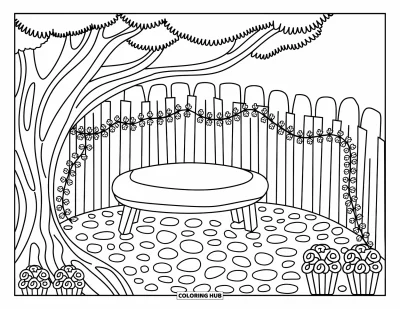 Desenho de parque para colorir para adultos: Um banco sob uma árvore arqueada é ladeado por uma cerca curva e pedrinhas