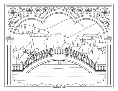Desenho de parque para colorir para adultos: Uma ponte encantadora atravessa a água, emoldurada por arcos florais e montanhas ao fundo