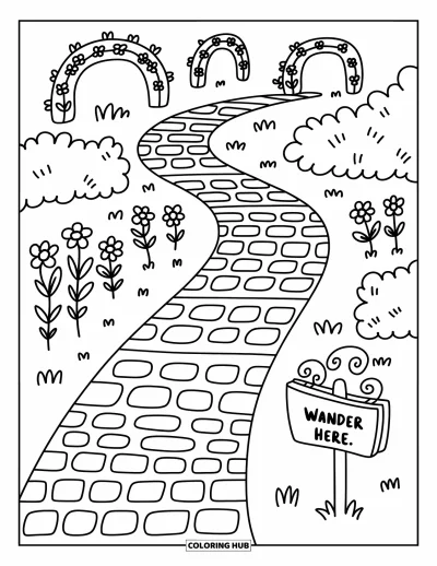 Desenho de parque para colorir para adultos: Uma trilha encantadora com arcos florais, arbustos e uma placa "Wander Here" convida a passear