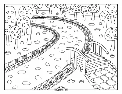 Desenho de parque para colorir para adultos: Um caminho circular na floresta leva a uma pequena ponte com pedras cobertas de folhas