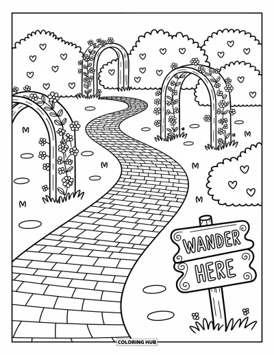 Desenho de parque para colorir para adultos: Um caminho de pedras com arcos florais e uma placa "Wander Here" serpenteia pelo parque