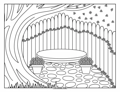 Desenho de parque para colorir para adultos: Um banco acolhedor descansa sob uma árvore com hera e vasos de flores por perto