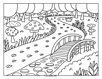 Desenho de parque para colorir para adultos: Uma trilha na floresta com troncos baixos e uma ponte atravessa um riacho pequeno