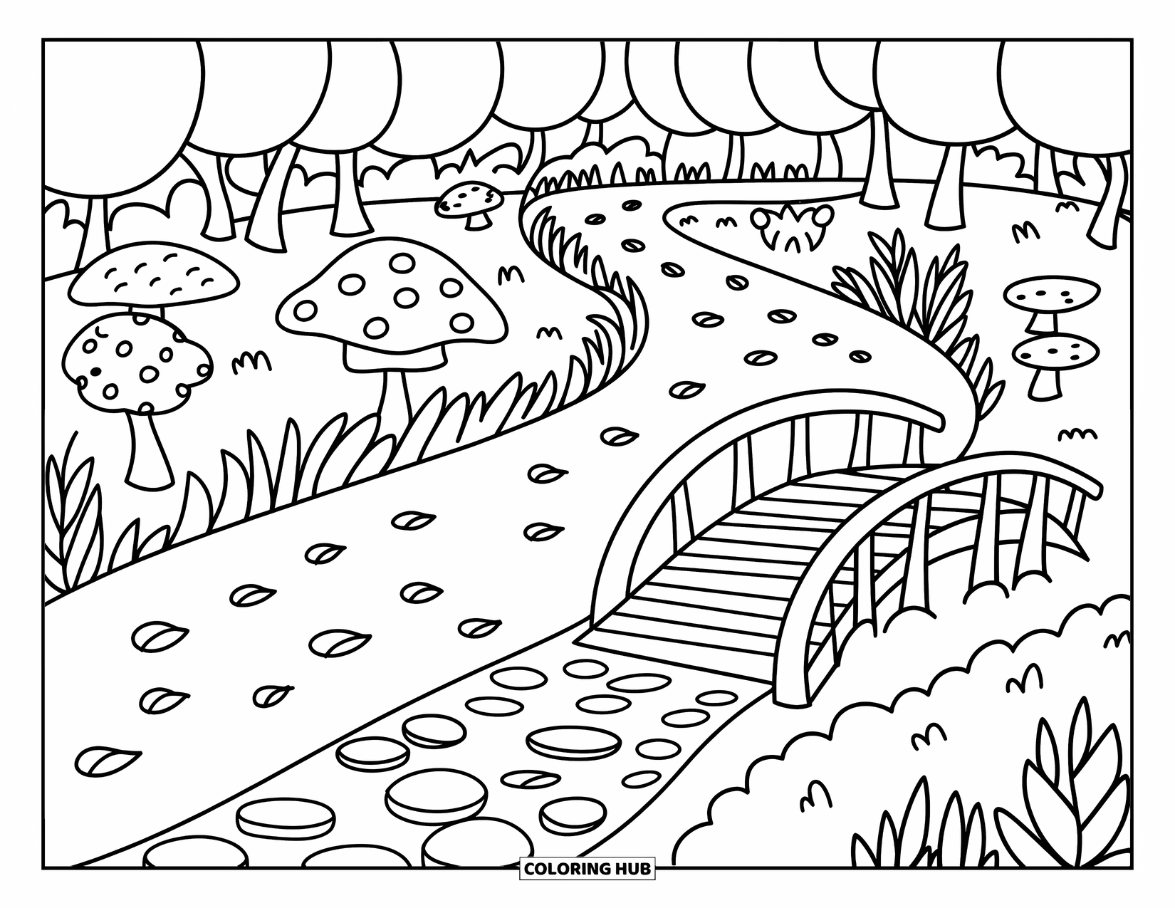 Park Coloring Page for Adults: A cozy forest trail with stumpy trees and a bridge crosses a tiny stream