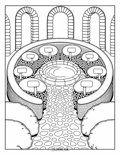 Desenho de parque para colorir para adultos: Um cantinho aconchegante no jardim com sebes aparadas e uma bacia redonda de água transmite paz