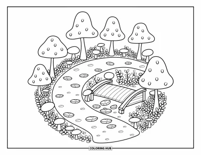 Desenho de parque para colorir para adultos: Uma trilha de terra com cogumelos e samambaias leva a uma pequena ponte de madeira
