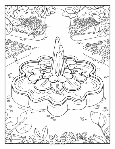 Desenho de parque para colorir para adultos: Uma fonte em formato de flor jorra água em um jardim cercado de plantas exuberantes