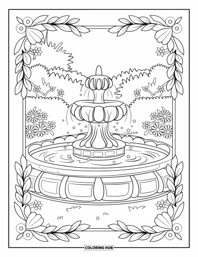 Desenho de parque para colorir para adultos: Uma fonte fluente fica em um pátio florido com molduras de folhas ornamentadas