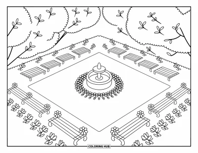 Desenho de parque para colorir para adultos: Um pátio com fonte, bancos e árvores frondosas cria um cantinho confortável para descansar