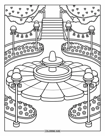Desenho de parque para colorir para adultos: Uma praça com fonte tem ladrilhos em pétala, muros de jardim e lanternas decoradas com flores