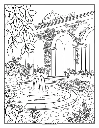 Desenho de parque para colorir para adultos: Uma fonte de jardim fica entre rosas, lírios, samambaias e um arco de folhas