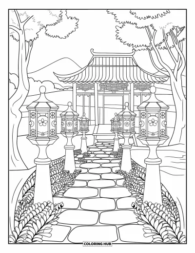 Desenho de parque para colorir para adultos: Um caminho iluminado por lanternas leva a um pavilhão cercado de árvores e montanhas