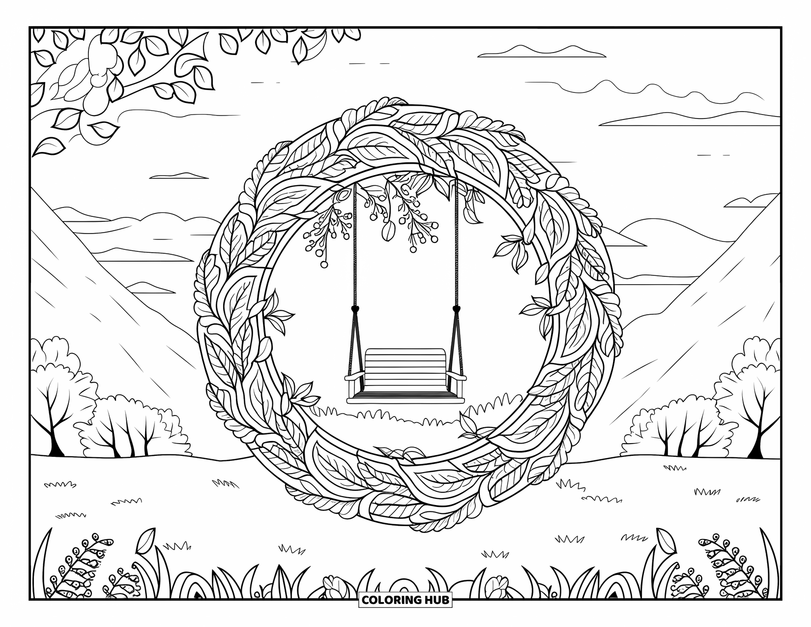Park Coloring Page for Adults: A park swing rests under a tree, framed by swirling floral stained glass