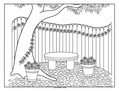 Desenho de parque para colorir para adultos: Um cantinho sereno com um banco de árvore, vasos de flores e uma cerca coberta de hera