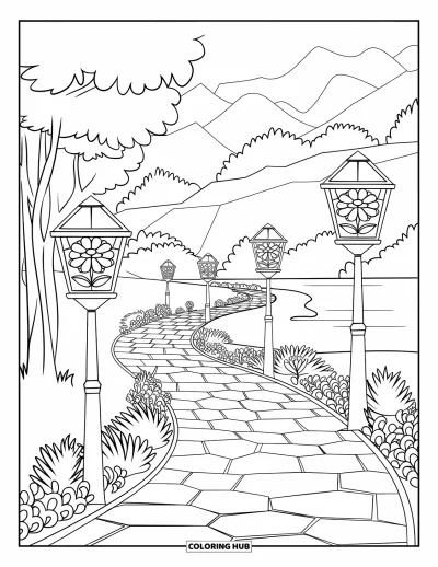 Desenho de parque para colorir para adultos: Um caminho tranquilo com lanternas de flores serpenteia entre árvores e vegetação