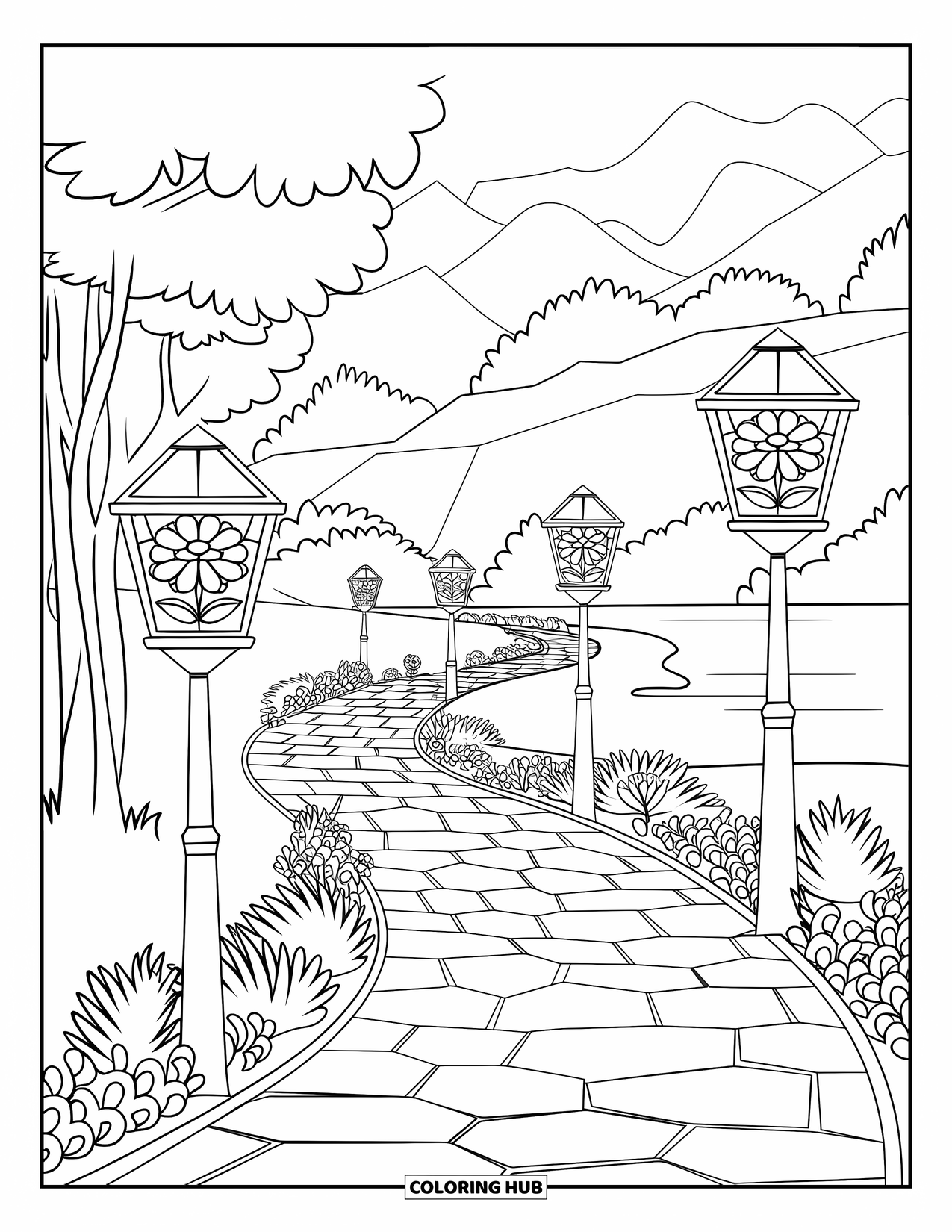 Park Coloring Page for Adults: A peaceful path with flower lanterns winds through trees and greenery