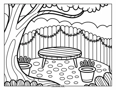 Desenho de parque para colorir para adultos: Um banco redondo fica sob uma árvore grande, cercado de hera e vasos de flores