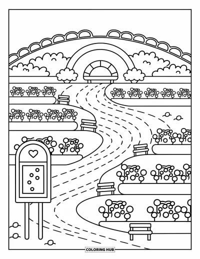 Desenho de parque para colorir para adultos: Um parque suave com colinas, bancos e fileiras de flores leva a um mirante tranquilo