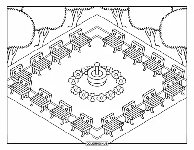 Desenho de parque para colorir para adultos: Um pátio quadrado com bancos e árvores envolve uma fonte cercada de flores