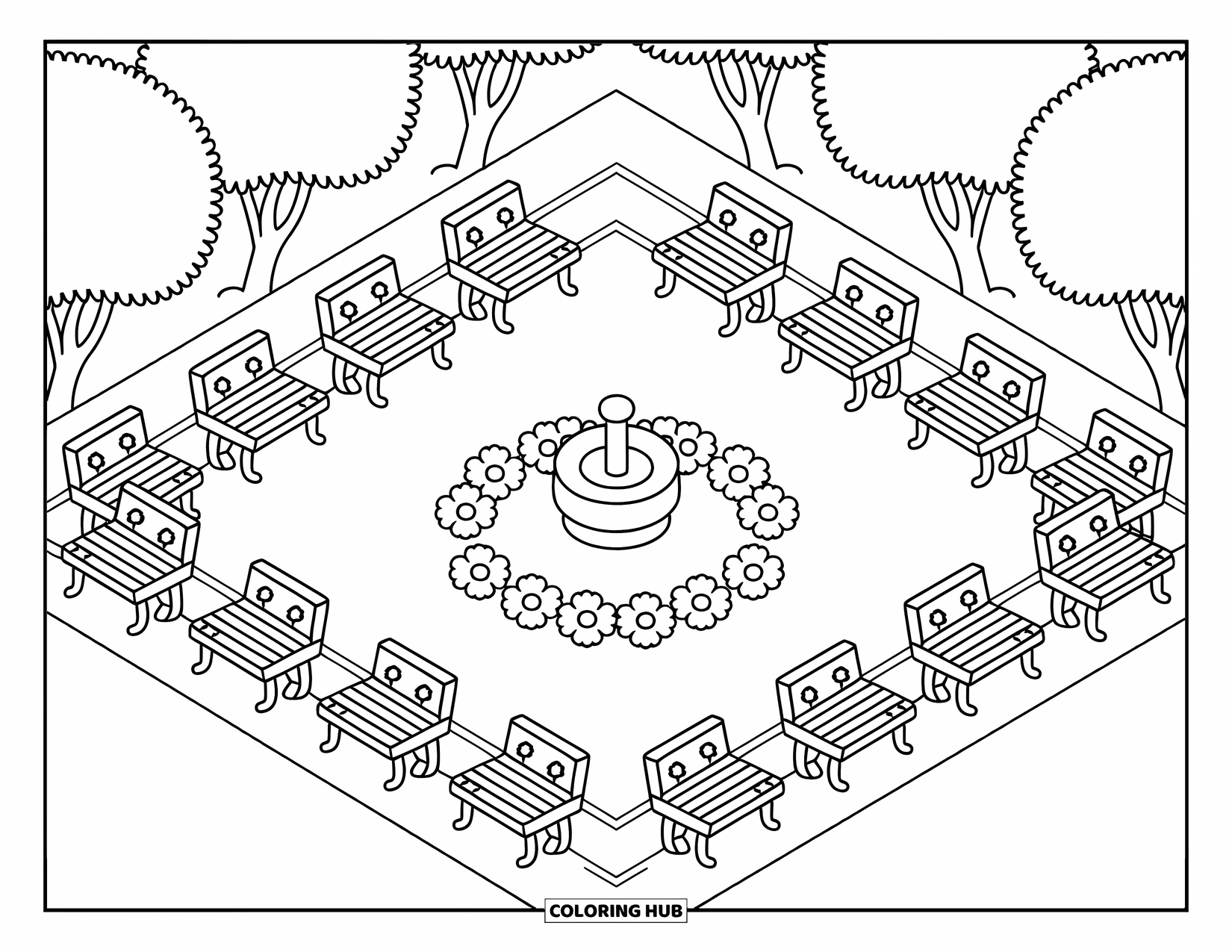 Park Coloring Page for Adults: A square courtyard with benches and trees surrounds a flower-ringed fountain