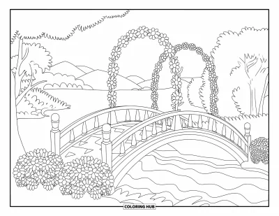 Desenho de parque para colorir para adultos: Uma ponte de pedra com corrimão de madeira fica entre arcos de flores e vistas das montanhas