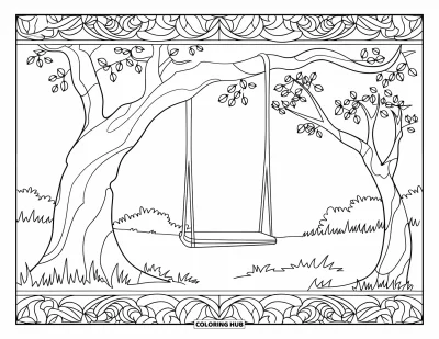 Desenho de parque para colorir para adultos: Um balanço pendurado em uma árvore dentro de uma moldura de vitral floral em espiral