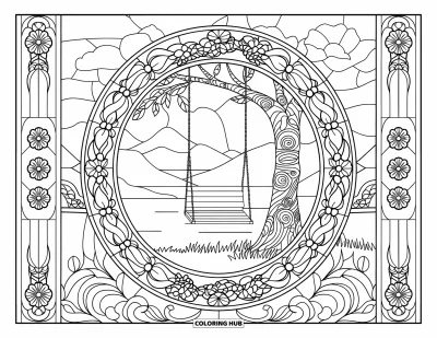 Desenho de parque para colorir para adultos: Um balanço pendurado sob uma árvore estampada, emoldurado por flores, montanhas e água