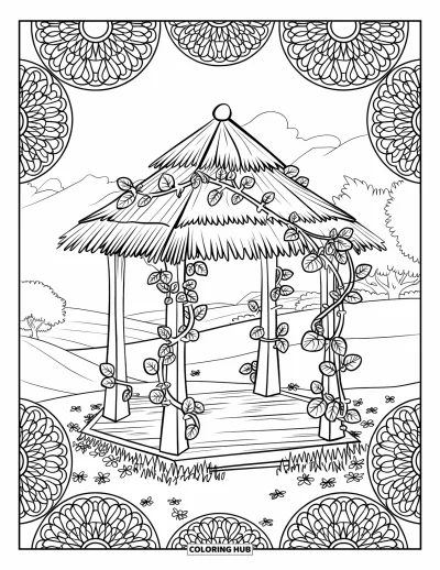 Desenho de parque para colorir para adultos: Um coreto com telhado de palha e trepadeiras em coração descansa perto de colinas e flores miúdas