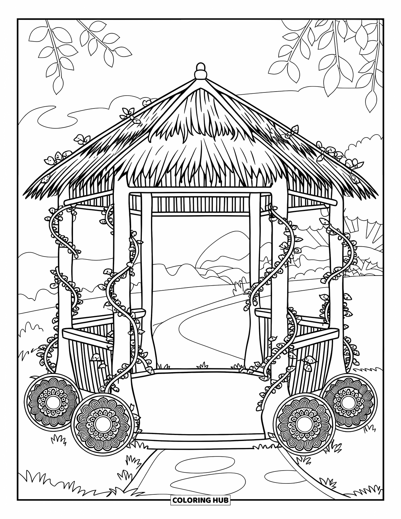 Park Coloring Page for Adults: A vine-covered gazebo stands among floral mandalas, mountains, and a winding path