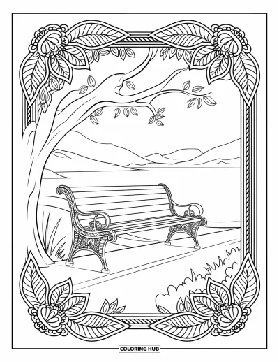 Desenho de parque para colorir para adultos: Um banco vintage descansa sob uma árvore, emoldurado por folhas em mandala e um caminho