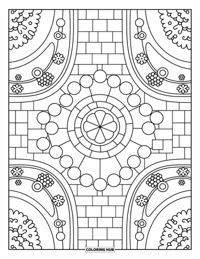 Desenho de parque para colorir para adultos: Uma praça encantada tem ladrilhos em pétala, arbustos e lanternas com bandeirinhas florais