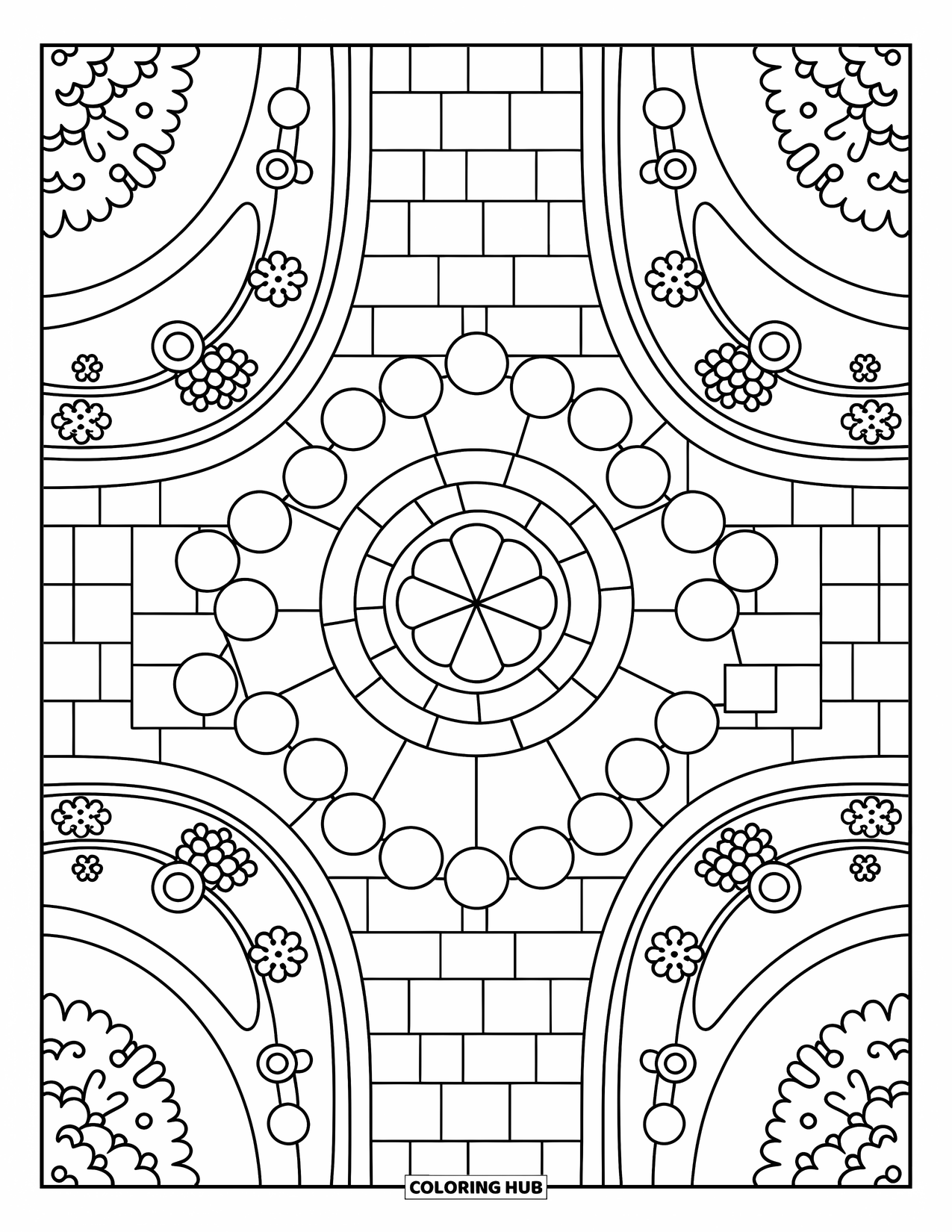 Park Coloring Page for Adults: A whimsical plaza has flower-petal tiles, bushes, and lanterns with flower flags