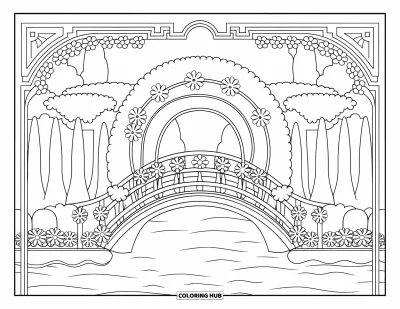 Desenho de parque para colorir para adultos: Uma ponte arqueada com árvores floridas cria um túnel charmoso sobre a água