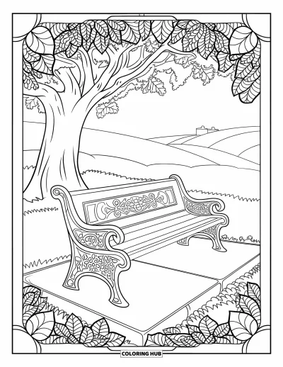 Desenho de parque para colorir para adultos: Um banco antigo com entalhes fica sob uma árvore larga, emoldurado por folhas em mandala