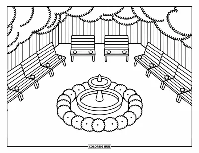 Desenho de parque para colorir para adultos: Bancos e árvores ladeiam um pátio quadrado com uma fonte florida no centro