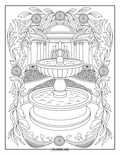 Desenho de parque para colorir para adultos: Jatos d'água sobem de uma fonte clássica em um pátio cheio de plantas