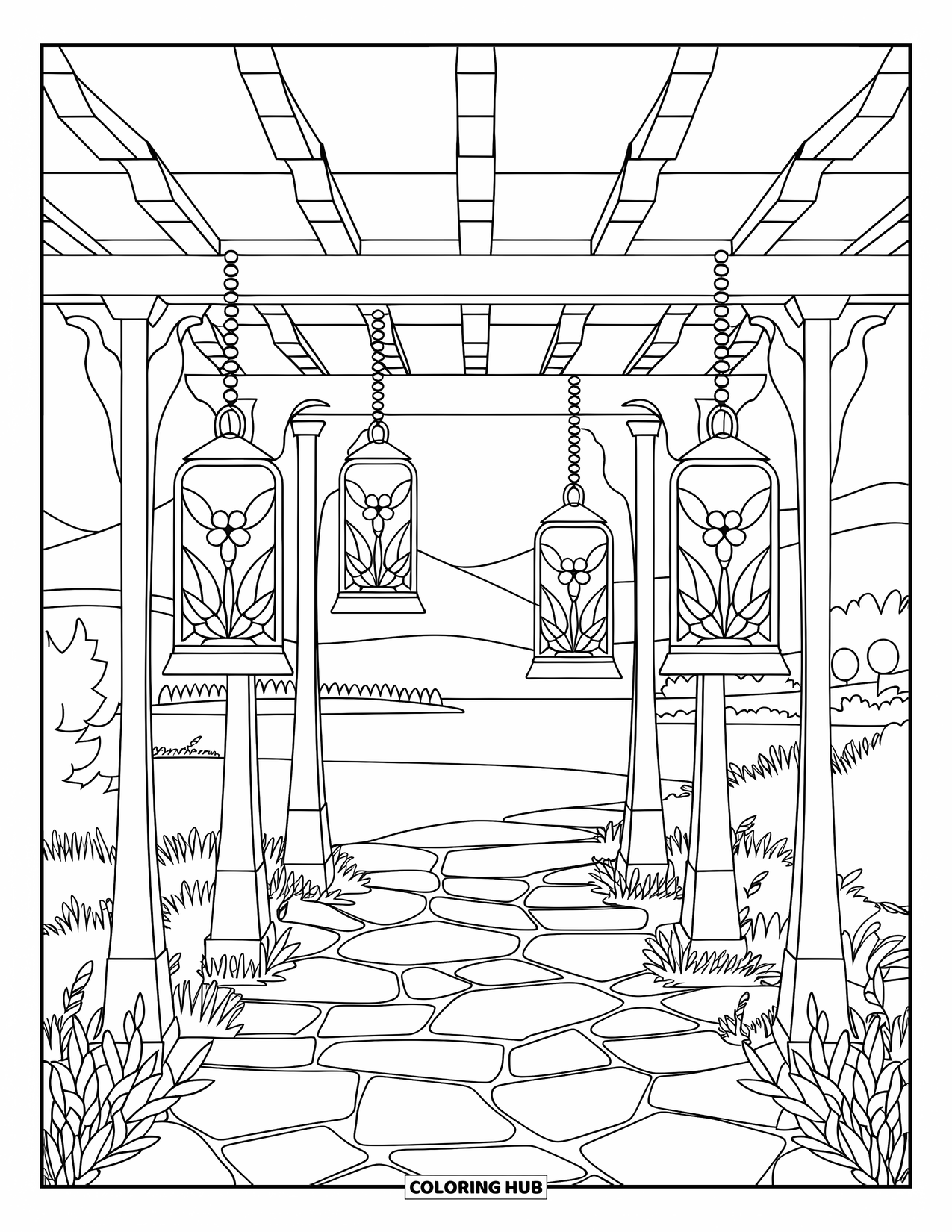 Park Coloring Page for Adults: Lanterns hang from a trellis over a path near mountains and water