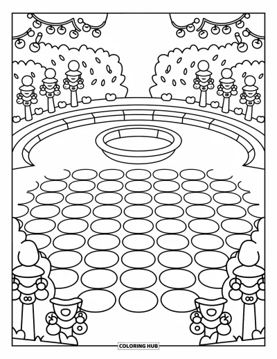 Desenho de parque para colorir para adultos: Ladrilhos em formato de pétala e bandeirolas de flores cercam uma fonte delicada em uma praça de jardim