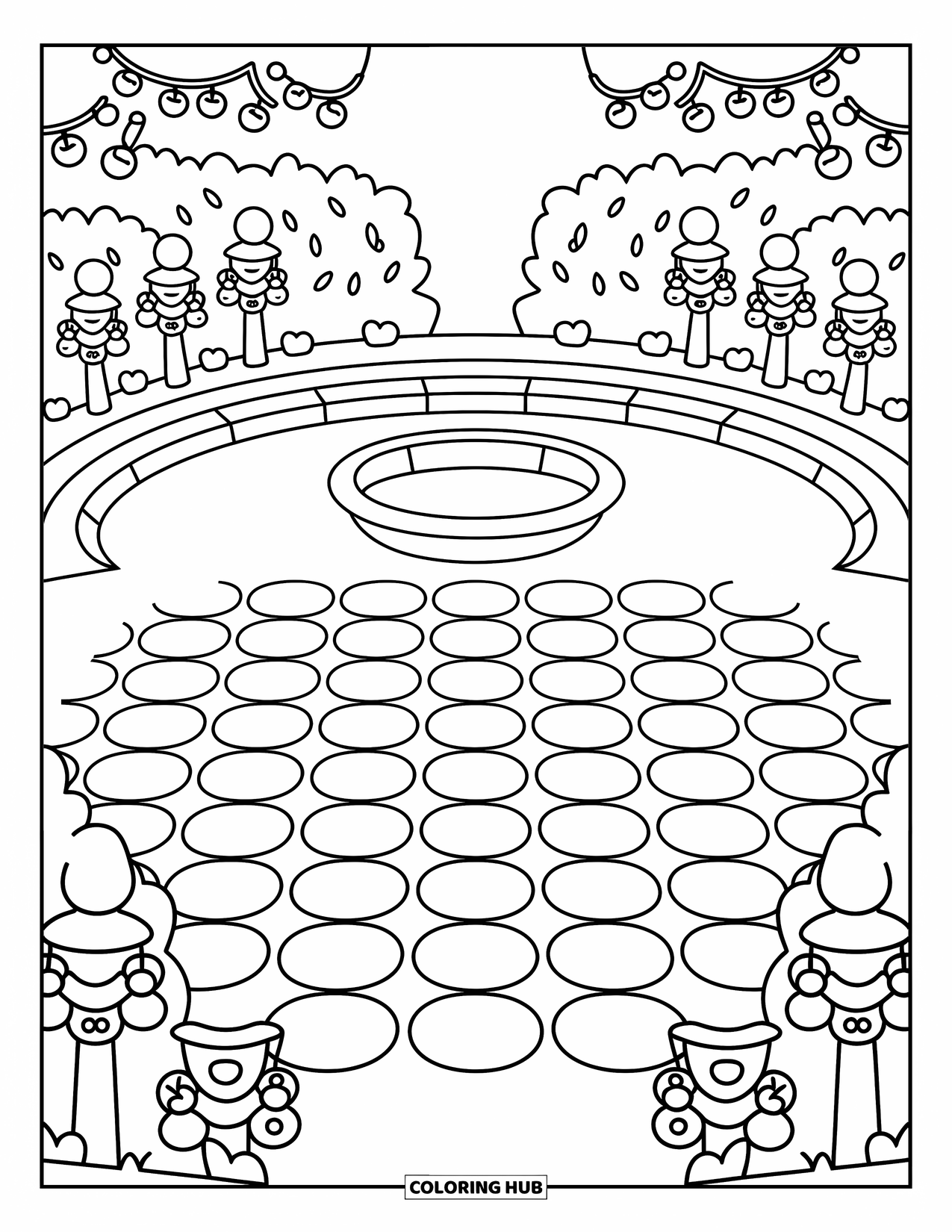 Park Coloring Page for Adults: Petal-like tiles and flower banners surround a cute fountain in a garden plaza