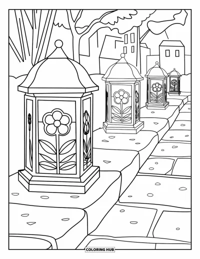 Desenho de parque para colorir para adultos: Lanternas de pedra ladeiam um caminho no parque emoldurado por flores em vitral