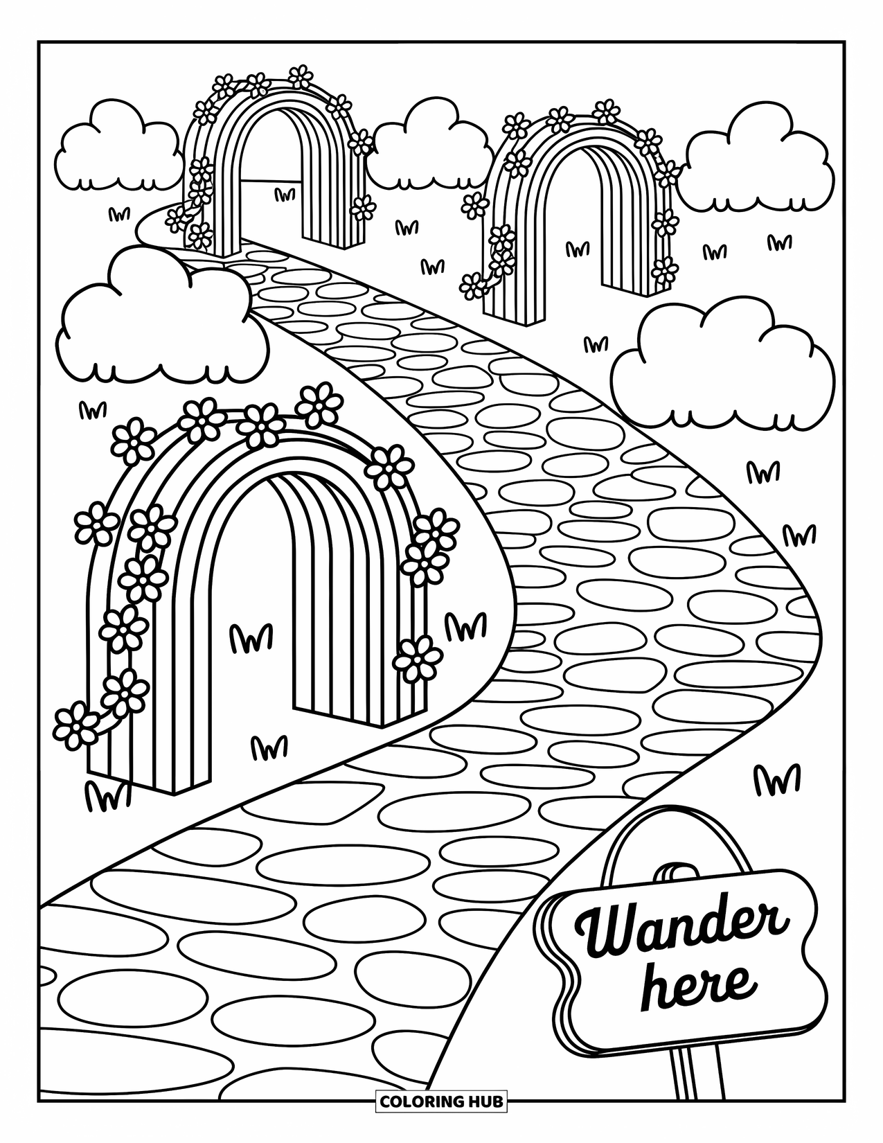 Park Coloring Page for Adults: Whimsical arches and bushes line a cobbled path with a cute ìWander Hereî sign