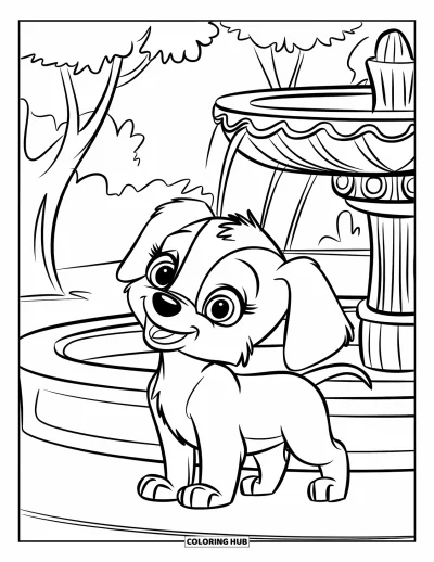 Desenho de parque para colorir para crianças: Um filhote de olhos grandes abana o rabo perto de uma fonte esculpida em um parque tranquilo