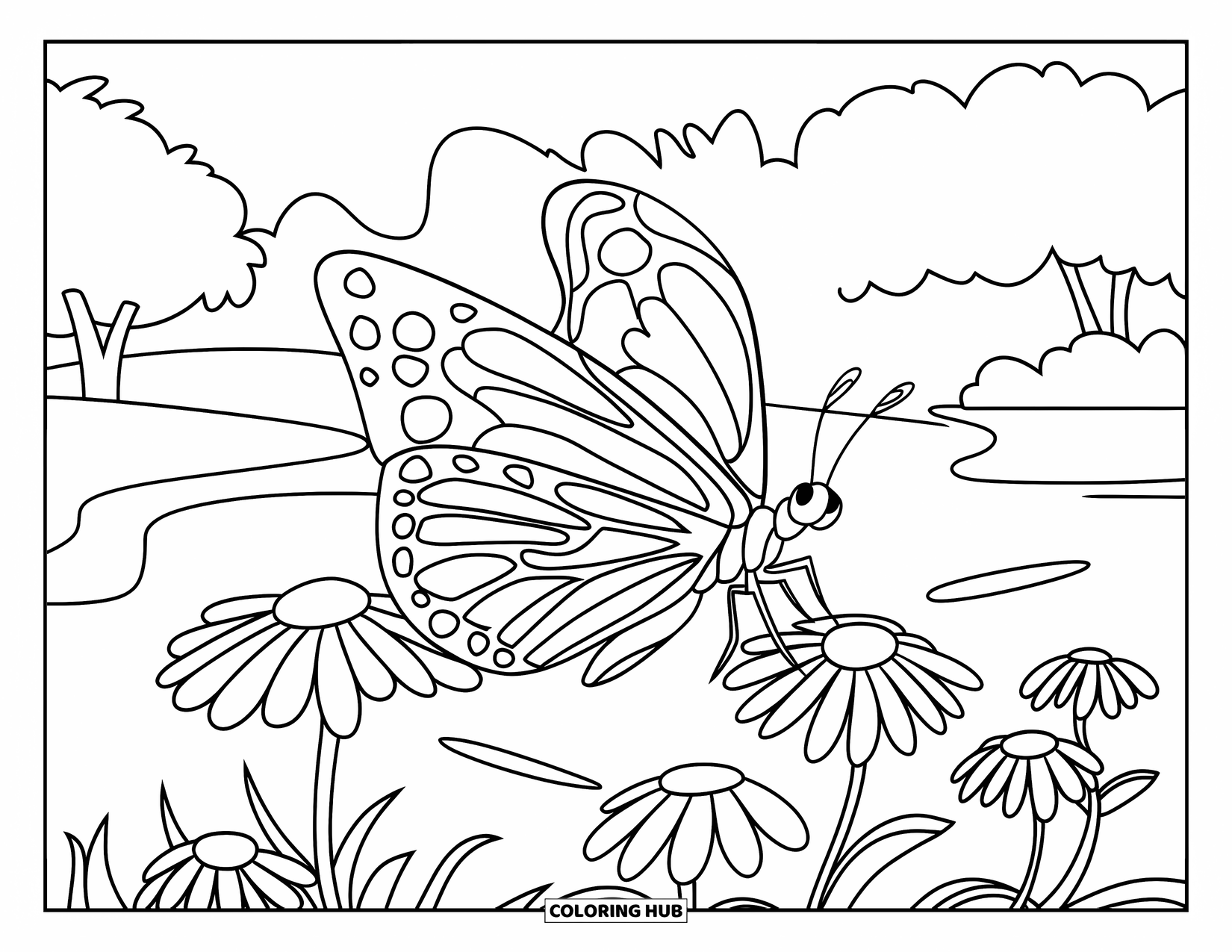 Park Coloring Page for Kids: A butterfly flies over cheerful flowers in a bright park garden