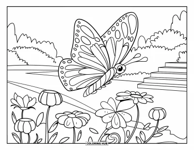 Desenho de parque para colorir para crianças: Uma borboleta de asas marcantes bate asas sobre flores desabrochadas perto de um caminho no jardim