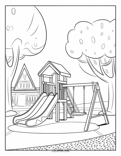Desenho de parque para colorir para crianças: Um parquinho animado com balanços e escorregadores fica sob árvores e um prédio de telhado pontiagudo