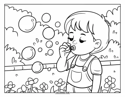 Desenho de parque para colorir para crianças: Uma criança de jardineira faz bolhas de sabão perto de canteiros de flores no parque
